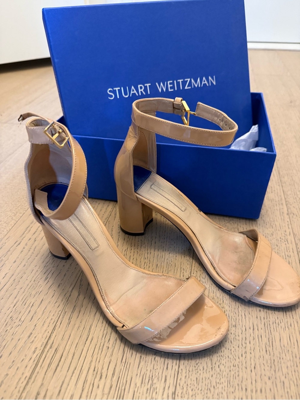 Stuart Weitzman Nude Patent Ankle-Strap Block Heels